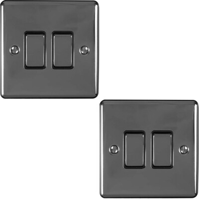 2er Pack 2 Gang Doppel Metall Lichtschalter SCHWARZ NICKEL 2 Wege 10A schwarze Blende