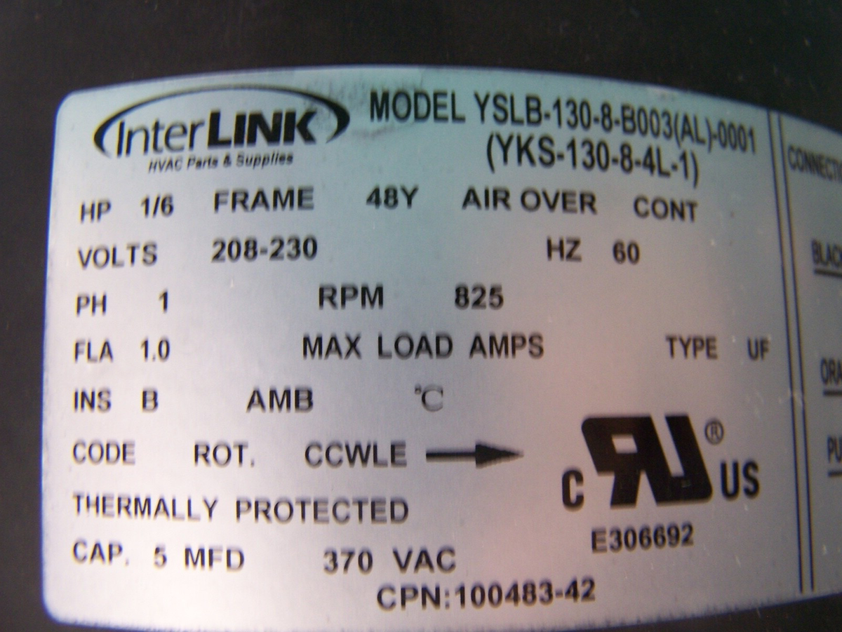 Lennox 100483-42 1/6HP 825RPM Condenser Fan Motor Interlink YSLB
