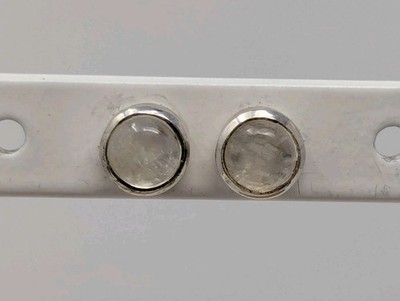 925 Sterling Silver Clear Quartz Cabochon Stud Earrings Round Bezel