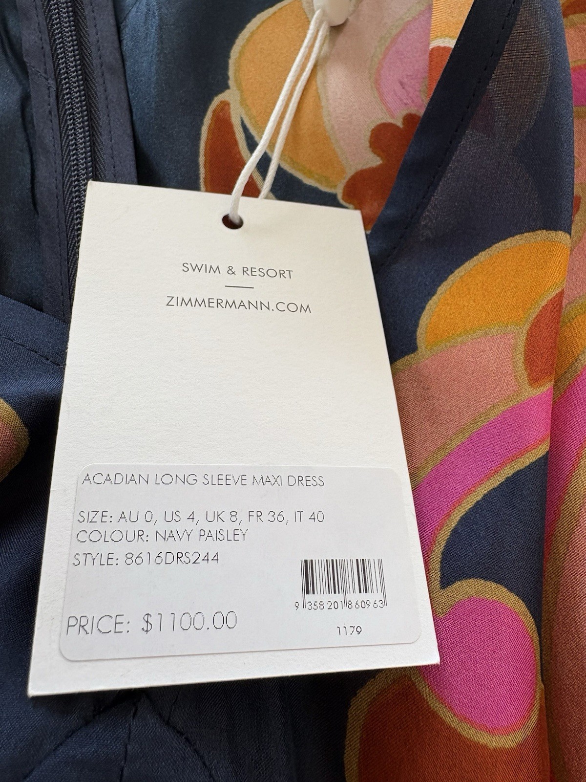 ZIMMERMANN ACADIAN LONG SLEEVE MAXI DRESS SIZE 0 AU/UK 8 US 4 RRP $1100