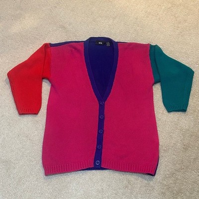 Pasta Vintage Colorblock Cardigan Sweater Pink Purple Teal Red Ramie Cotton S