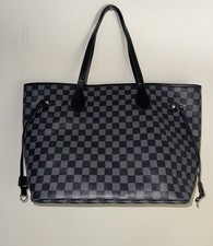 Women&rsquo;s Large Black Grey Checkered Tote Double Handle Faux Leather Daisy Rose