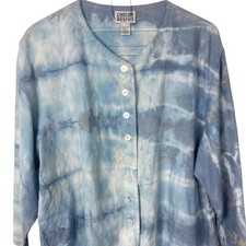 Chicos Blue Linen Jacket Topper Sz 3 XL Tie Dye Shell Button Coastal Lightweight