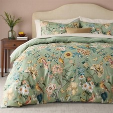 NEW Anthro Green Floral Bird Boho Cotton Queen King Size Bedding Duvet Sham Set