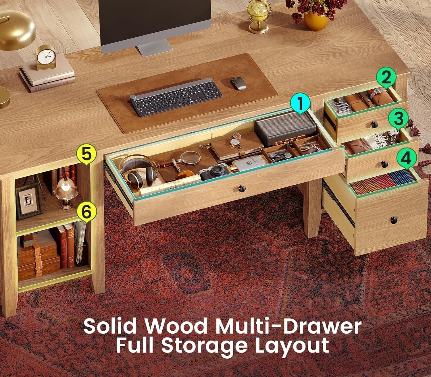 58.3" Solid Pine Wood Computer Desk w/4 Drawers &Storage Shelves for Home Office alternate view 4