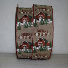 Christmas Ribbon Barn Linen Background 2 1/2" Wired 5 Yards 94029