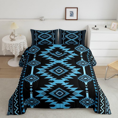 Blue Black Southwestern Comforter Set Tribal Native American Indian blue-black-southwestern-comforter-set-tribal-native-american-indian
