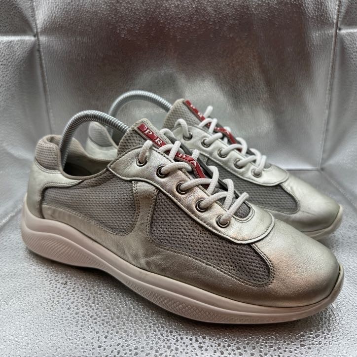 Prada Americas Cup Unisex Silver Leather Sneakers Size 7M/9W