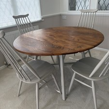 Ercol Round Drop Leaf Dining Table with  4 Chairs Solid Wood Grey 