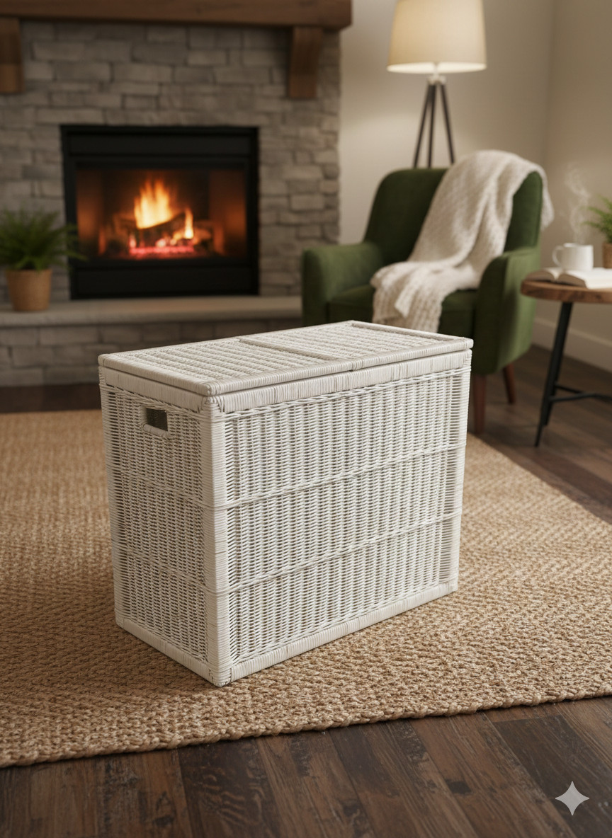 White double hamper with handwoven wicker over sturdy wood frames.