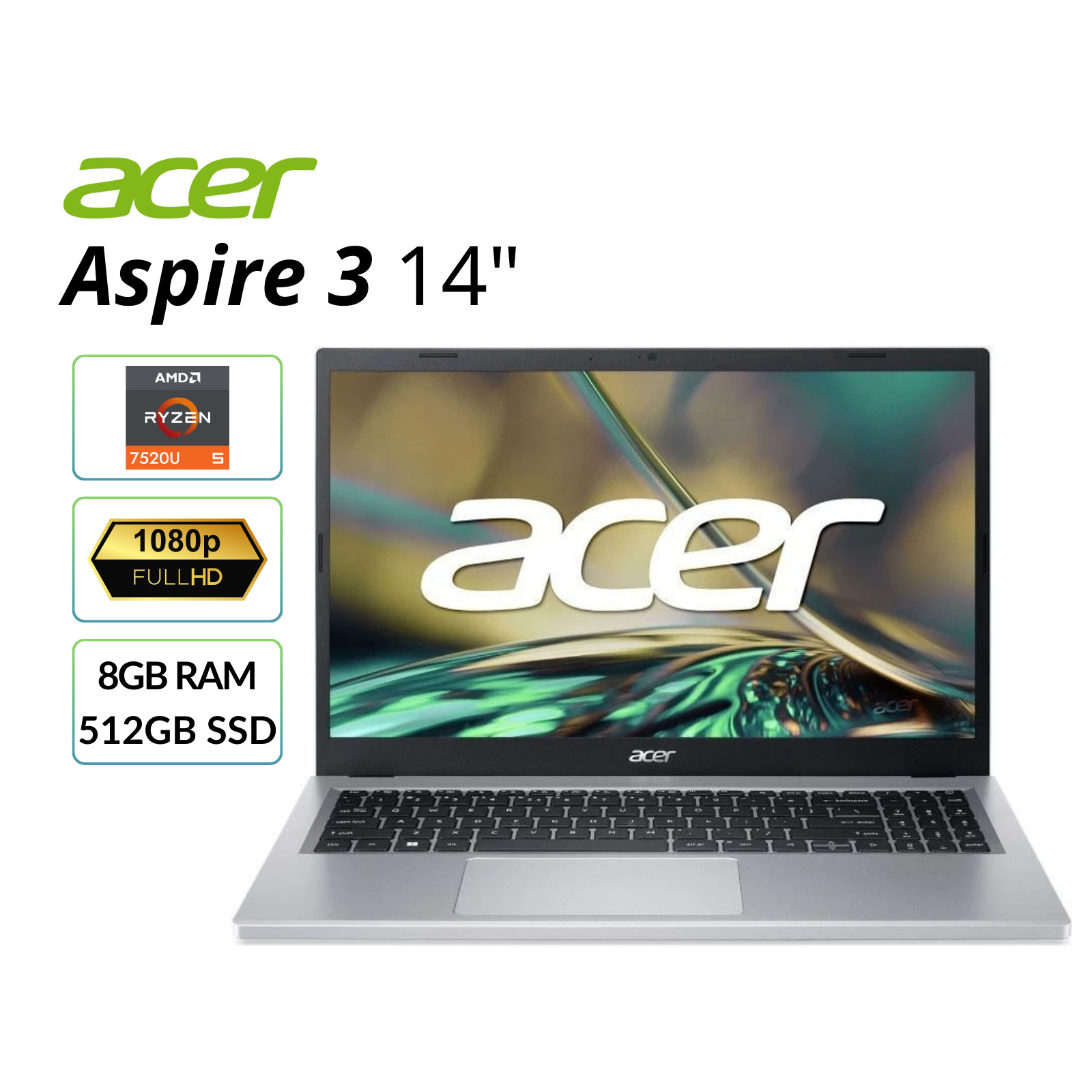 Acer Aspire 3 14" Laptop AMD Ryzen 5 7520U 2.8GHz 8GB RAM 512GB SSD Refurbished