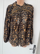 Monsoon Black Mustard Boho Paisley Floral Peasant Blouse UK 12-14 M B66