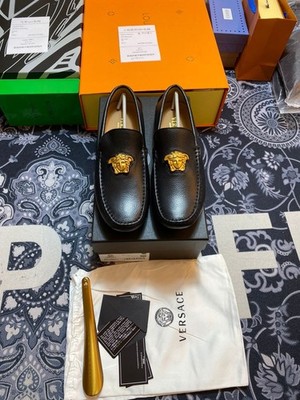 New versace driver Black Leather Men Loafers Shoes 12 E