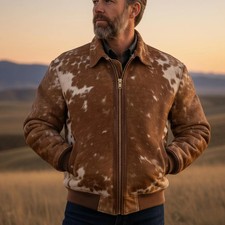 Cowhide Leather Bomber Jacket | Brown & White Hair-On Hide Western Style