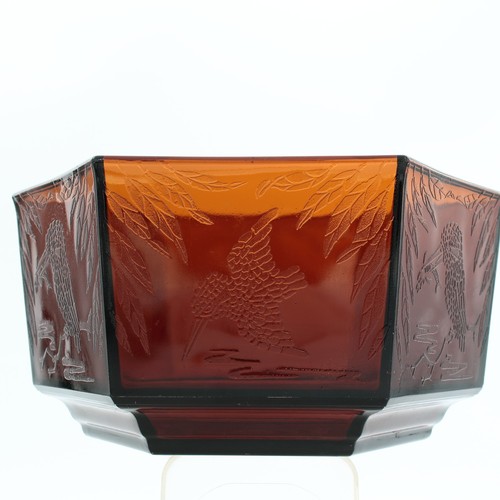 Sherdley Kinfishers Amber Glass Hexagonal Bowl Art Deco 1930s - Picture 4 of 20