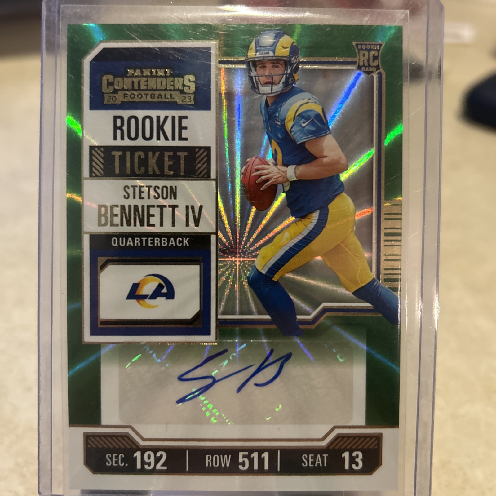 Stetson Bennett IV 2023 Panini Contenders #133 Rookie Ticket Auto Green Lazer RC