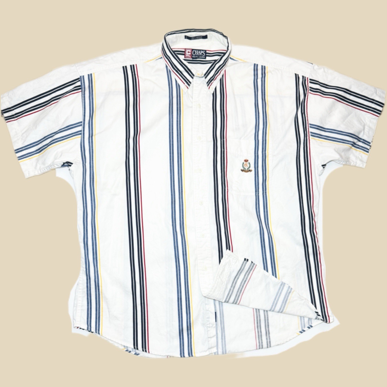 Vintage 90s Chaps Ralph Lauren Striped Mens XL Crest Button Down Shirt Preppy