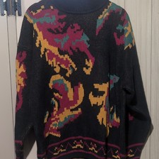 Generra 1980s Black Multicolor Abstract Sweater Medium 55 Ramie 45 Cotton