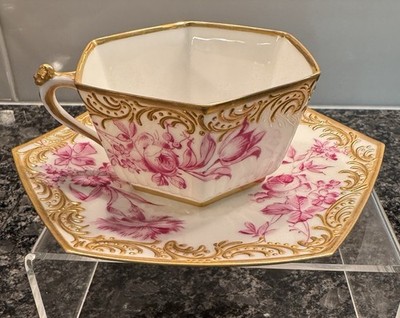 Gorgeous Vintage Pink White Hexagonal Teacup And Saucer Pink Flowers & Gold Trim