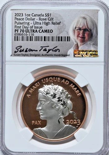 2023 1 oz Canada $1 Peace Dollar Rose Gilt NGC PF 70 Ultra Cameo 1st Day COA