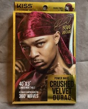 KISS Bow Wow Power Wave Crushed Velvet Durag Burgundy KDU06 40"x3" Long Tails
