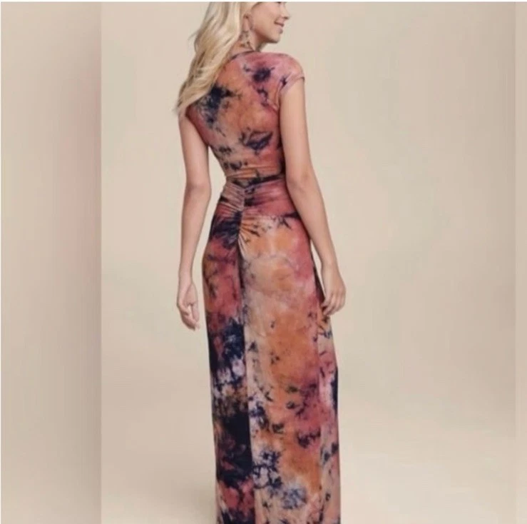 Maxi Vestido Bohemio Teñido con Corbata VENUS Detalle Acanalado Frontal Abertura Talla Mediana Hippie Foto 2 de 4