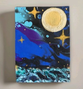 ACEO Original Abstract Acrylic Painting, 2.5 x 3.5 in., Golden Moon