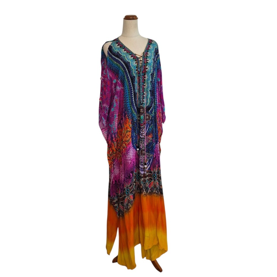 CZARINA Silk Tie Front Maxi Kaftan Dress Split Shoulder