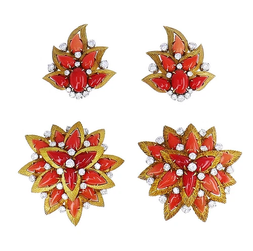 Vintage BULGARI Gold Platinum EARRINGS and Clip BROOCHES Set 18K Coral Jewelry