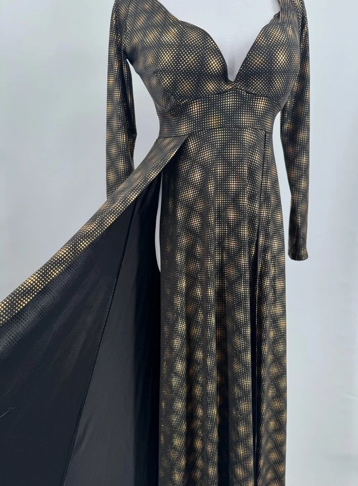 Maxi Vestido Victoria's Secret Negro Dorado Doble Frontal Aberturas Manga Larga Talla 34C Foto 3 de 4