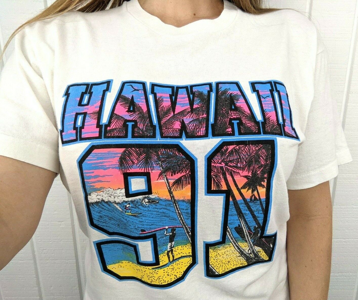 Vintage 90s Hawaii Surf Sunset Beach Graphic T Shirt Single Stit