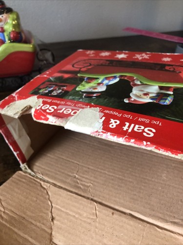 Atico Salt & Pepper Shaker Set Santa Snowman Sleigh Tray Iron Base Sleigh Holder - Picture 8 of 9