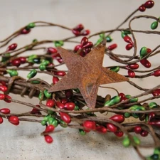 40" Pip Berry Garland w/ Rusty 2" Stars - RED GREEN - Christmas Holiday