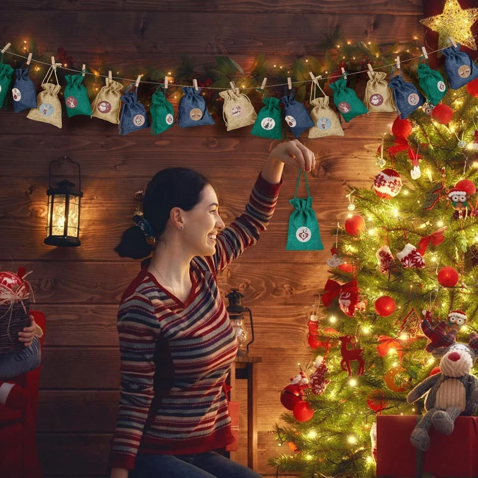 24 Pieces Christmas Advent Calendar Bags Small Burlap Bags Hanging Gift for Xmas - Image 4 of 4