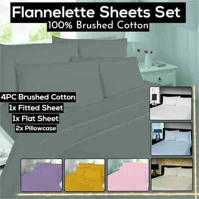 Brushed Cotton Flannelette Sheets Set 4PC Fitted Flat Sheets Pillowcases