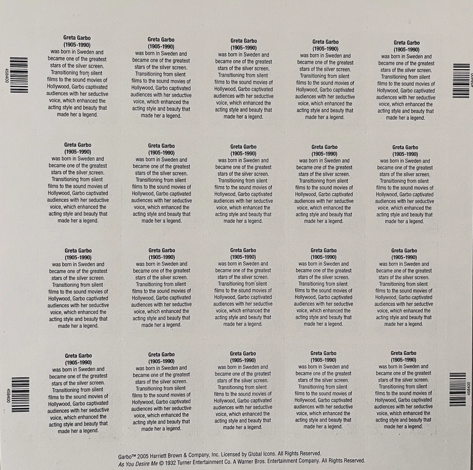 GRETA GARBO COMMEMORATIVE SHEET OF 20 STAMPS SCOTT #3943, MNH, 37C FAST SHIPPING - Image 4 of 4