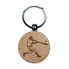 Baseball Player Batter Hitting Ball Engraved Wood Round Keychain Tag Charm
