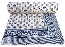 White  Blue Kantha Quilt Hand Block Floral Print Bedspread Boho Throw King Size
