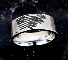 Unisex Adults Silver Tungsten Carbide Bald Eagle USA Flag Wedding Ring Band- 8mm