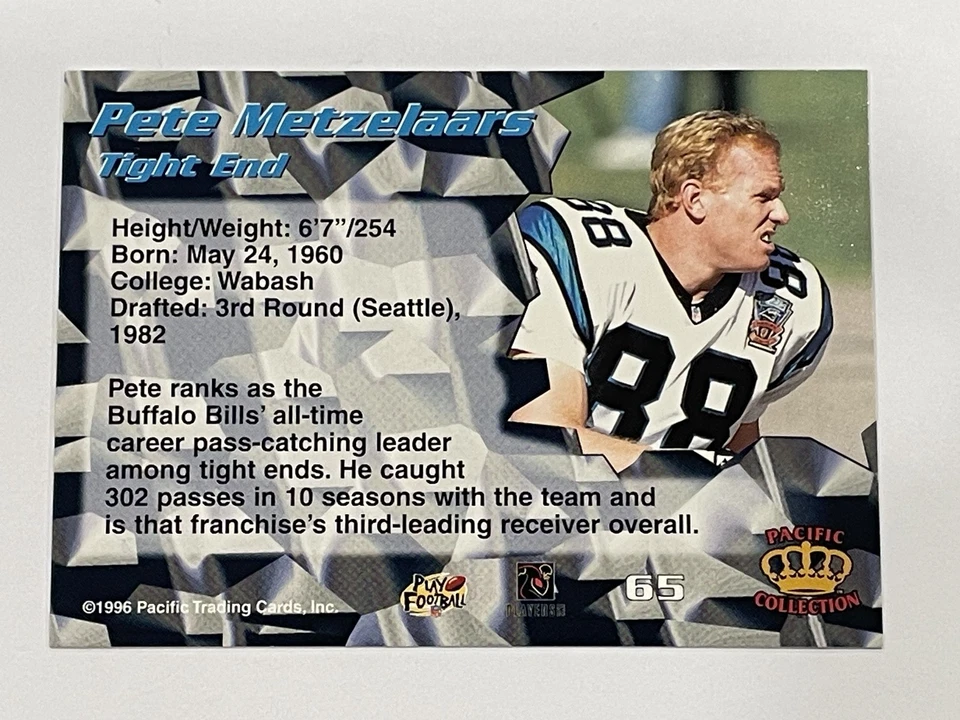 1996 Pacific Football #65 - Pete Metzelaars - Carolina Panthers - Image 2 of 2