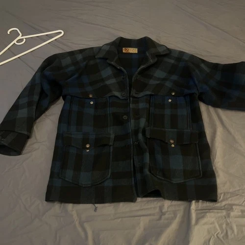 Vintage Black Bear Brand 30s 40s Blue Plaid Mackinaw Cruiser Jacket Sun Fade M/L - product listing photo