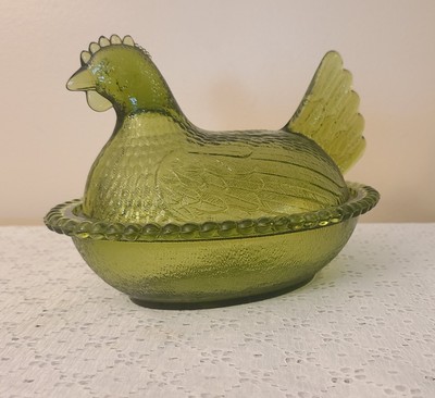 Indiana Glass Hen on a Nest  Olive Green