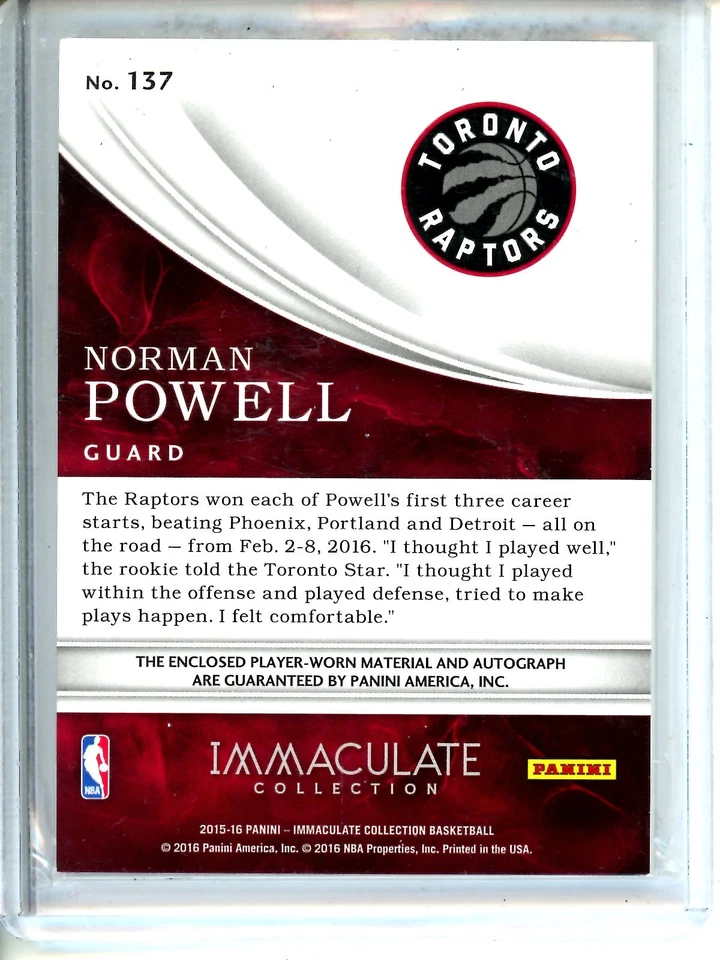 2015-16 Panini Immaculate Norman Powell Rookie Patch Auto RC 66/82 Raptors - Image 2 of 2