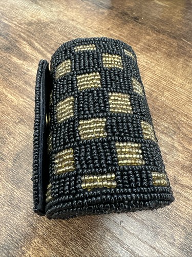 Vtg Victory Hand beaded Checkerboard Design Black/Gold Lipstick Case. See pics.