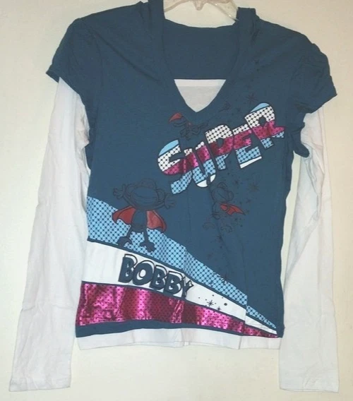 Teens Girls Vintage Rare Hooded Double Slvs Super Bobby Jack Shirt Top Sz 14-16 - Image 3 of 4