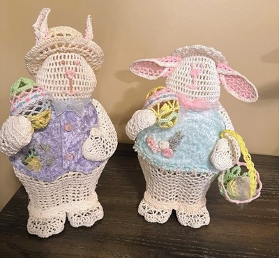 Vintage Peter & Patty Stiffened Crochet Easter Bunny Couple - 12'' Starched Lace