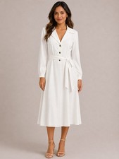 Halston White Cotton Shirt Dress Size 4 Belted Midi Button Front NWT