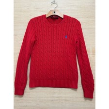 Ralph Lauren Red Cable Knit Cotton Crew Neck Sweater Blue Pony Logo Mens Medium