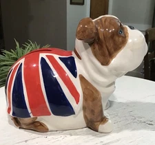 Vintage Ceramic British Bulldog Money Box Coin Bank with Union Jack Flag 6”