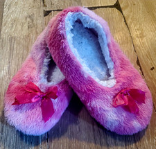 Pink Faux Fur Slip-On Ballet Slippers Round Toe Bow Accent Plush Lined